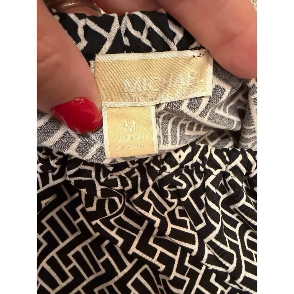 Michael Kors Black White Heri-Print Silver Chain Cold Shoulder Top Blouse Size M